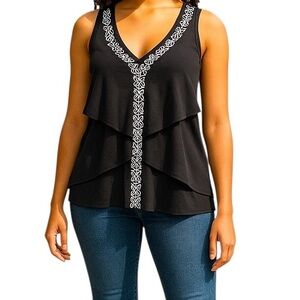 WHBM Tiered Sleeveless Embroidered Black and White Blouse Top Shirt size Small